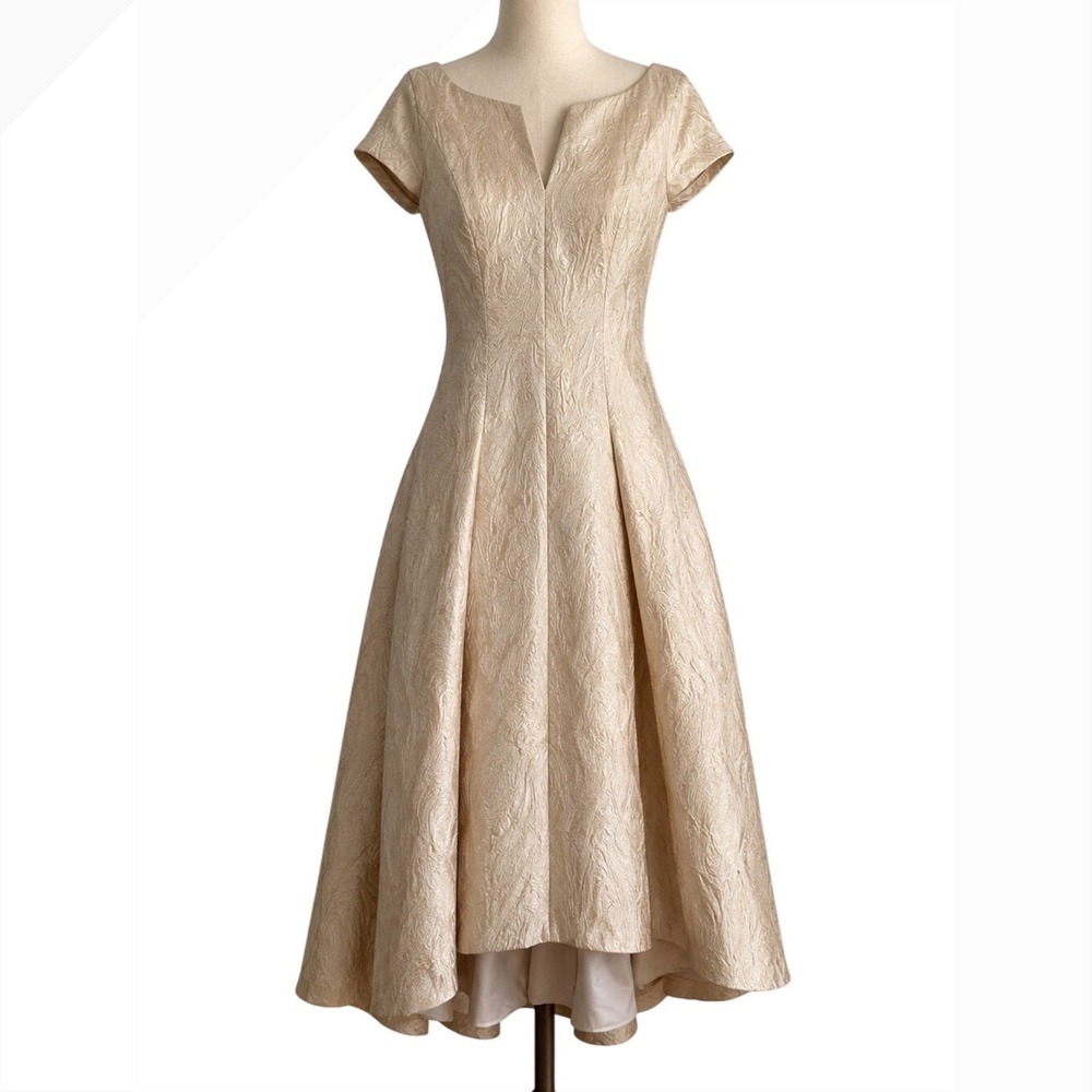 Theia Champagne Gold Jacquard Fit Flare Midi Dress Formal Gown Est Size 4